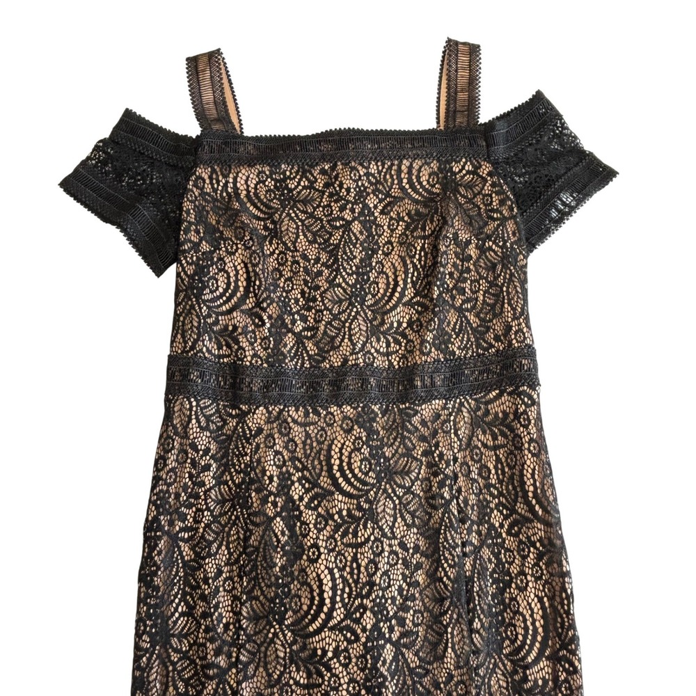 Rachel Rachel Roy Black Lace Cold Shoulder Midi Sheath Dress Tan Lining Size 10 - Picture 2 of 12